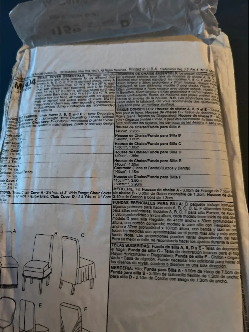 McCalls Home Decorating Chair Cover Essentials Sewing Pattern M4404